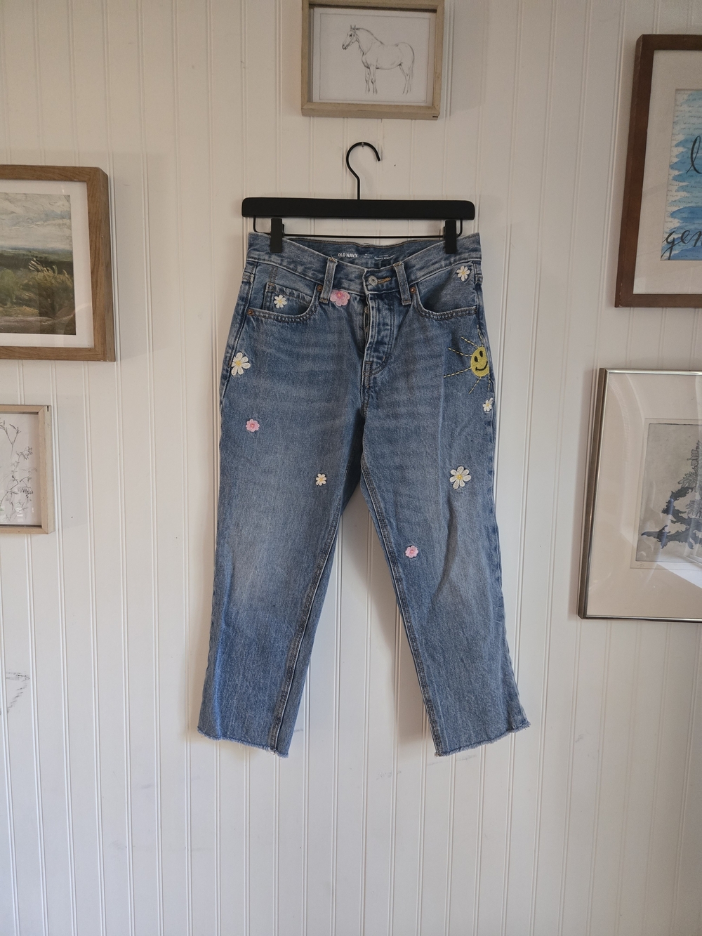 Old Navy Light Blue Slouchy Straight Denim Jeans with Floral & Smiley Embroidery